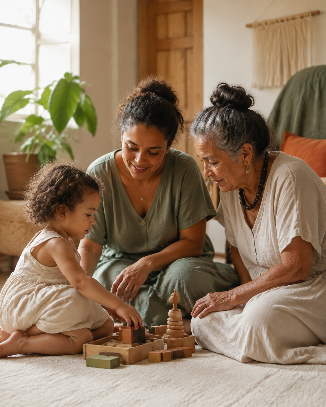 Três gerações de uma família brincando juntas em casa